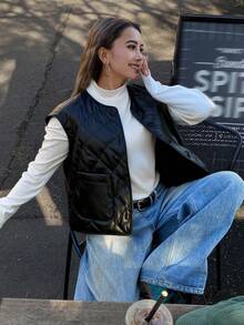 Livesso 女士宽松休闲时尚菱格纹PU皮夹克背心外套短款秋冬 - 黑色 - 查看 1