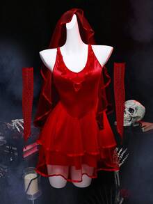 SHEIN 4件套女式性感泡泡袖吊带连衣裙万圣节服装套装 - 紅色 - 查看 6