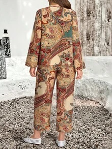 EMERY ROSE 大码休闲乡村印花图案宽松长袖上衣和裤子两件套秋季服装，优雅的秋季 - 彩色 - 查看 3