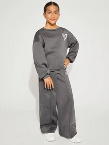 Radiana Tween Mädchens Casual Set mit Herz Muster, einfarbig, locker fallende Schulter, Langarm-Kapuzenpullover und Jogginghose mit weitem Bein - Grau - Übersicht 4