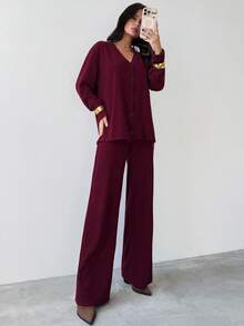 Firerie Ensemble de pull-cardigan bordeaux et pantalon large à taille élastique pour femmes, costume en fausse fourrure tricotée, tenue minimaliste de base, convenant pour le printemps, l'automne et l'hiver, élégant, pour le trajet, décontracté, quotidien, tenue de travail, tenue pour enseignantes