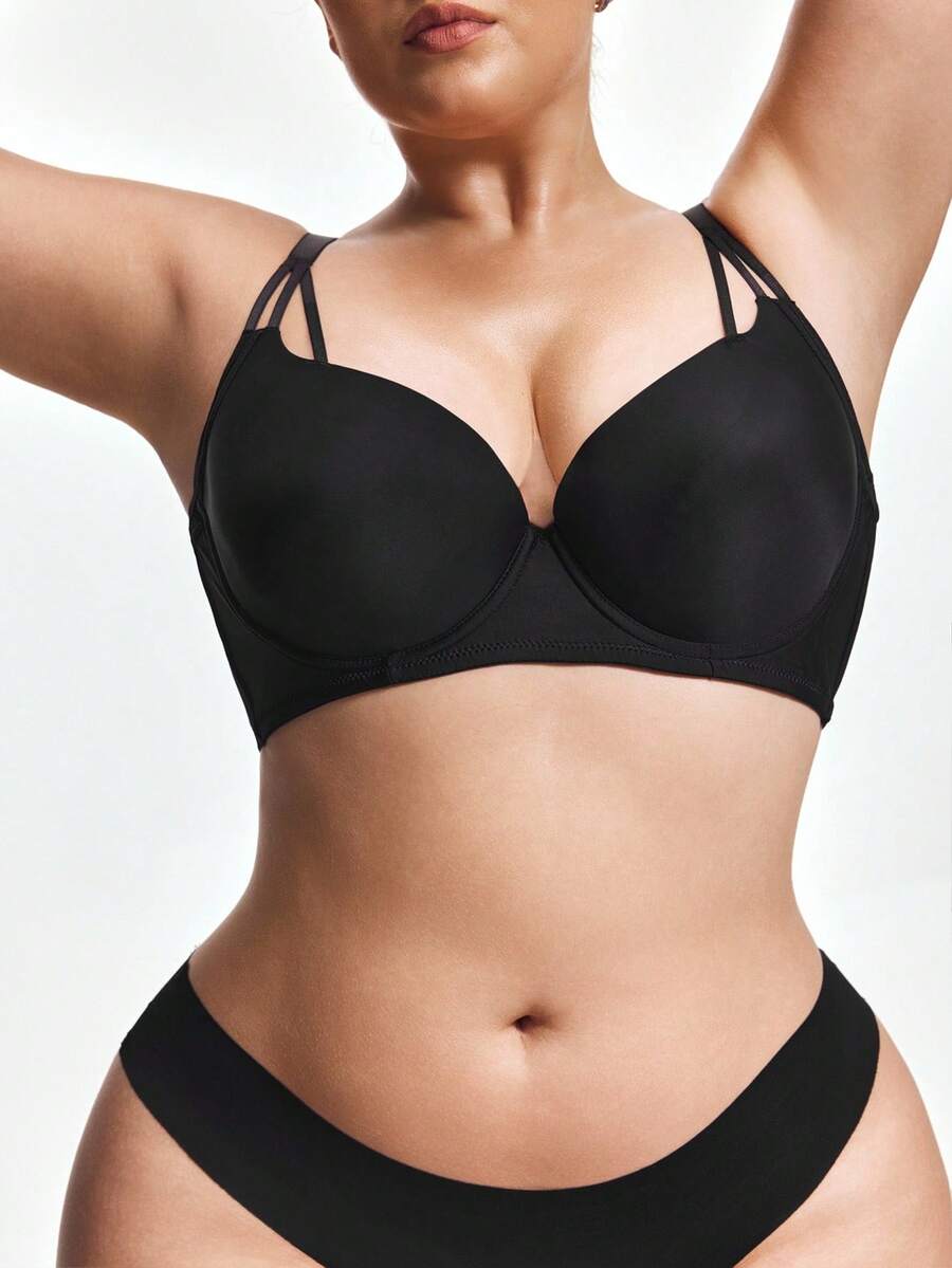 SHAPORA 1 pièce Soutien-gorge push-up à armatures noir avec bonnets 3/4 moulés et bretelles croisées, style sexy exposé, soutien-gorge grande taille et sans armatures, convient pour le quotidien, le bureau, la maison, forme en S