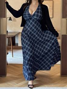 Vibekara Plus Size 2-Piece Set: V-Neck Sleeveless Maxi Dress + Stylish Long Sleeve Cardigan, Plaid Pattern, High-Quality Chic Outfit Low Cut Dress Long Sleeve Long Dress Plaid Dress Women Deep V Dress Plaid Two Piece Set