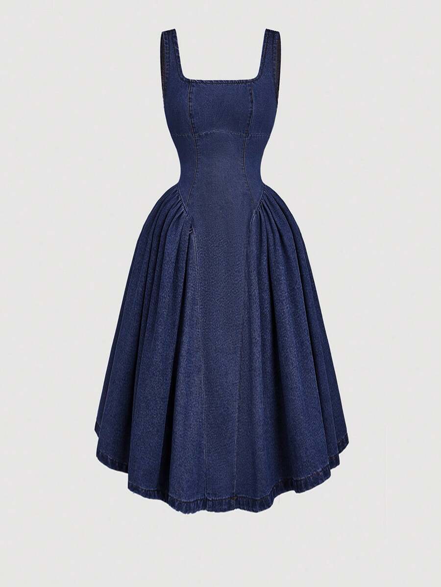 SHEIN MOD Women's Casual Waist Cinched Backless Sleeveless Denim Dress, Summer
