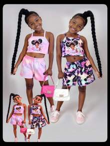 SHEIN 2pcs/Set Young Girl Camisole And Shorts, Summer Casual Outfit With Personalized, Featuring Space Graffiti Pattern Camisole Top And Matching Shorts, Suitable For Outdoor, Beach, Suitable For Girls