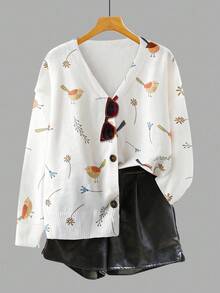 EMERY ROSE Plus Size Women Plant Pattern Drop Shoulder Long Sleeve Casual Knit Cardigan, Autumn