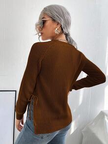 EMERY ROSE Casual Solid Color Side Slit Lace-Up Sweater - Brown - View 3