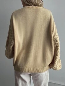 Livesso Women's Casual Everyday Commute Simple Solid Color Round Neck Dropped Shoulder Loose Cable Knit Sweater, Autumn/Winter - Khaki - View 3