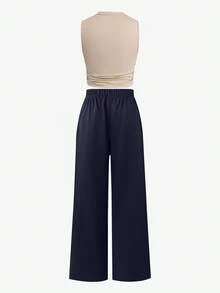 Calvaya Bộ 2 món quần ôm dáng màu nâu, cổ vuông, xếp ly, màu mơ cho nữ cỡ lớn - Nhiều màu - Xem 2