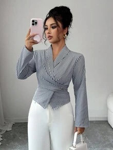 Selianne 休闲商务通勤简约条纹收腰长袖女式衬衫 - 彩色 - 查看 5