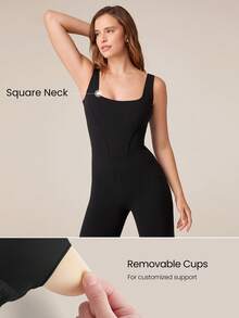 GLOWMODE 31 英寸 FeatherFit™ 收腹 U 型背部方领喇叭连体裤 低冲击瑜伽日常可拆卸罩杯