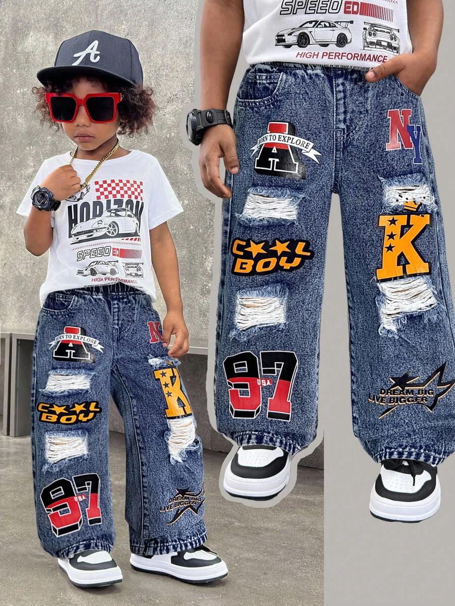 SHEIN Toddler/Young Boys' Stonewashed Graffiti Letter Print Ripped Frayed Loose Fit Straight Leg Black Denim Pants Jeans For Kids Clothes Boys Costume Streetwear And Kids Four Seasons Clothes Fall Winter - Dark Wash - View 1