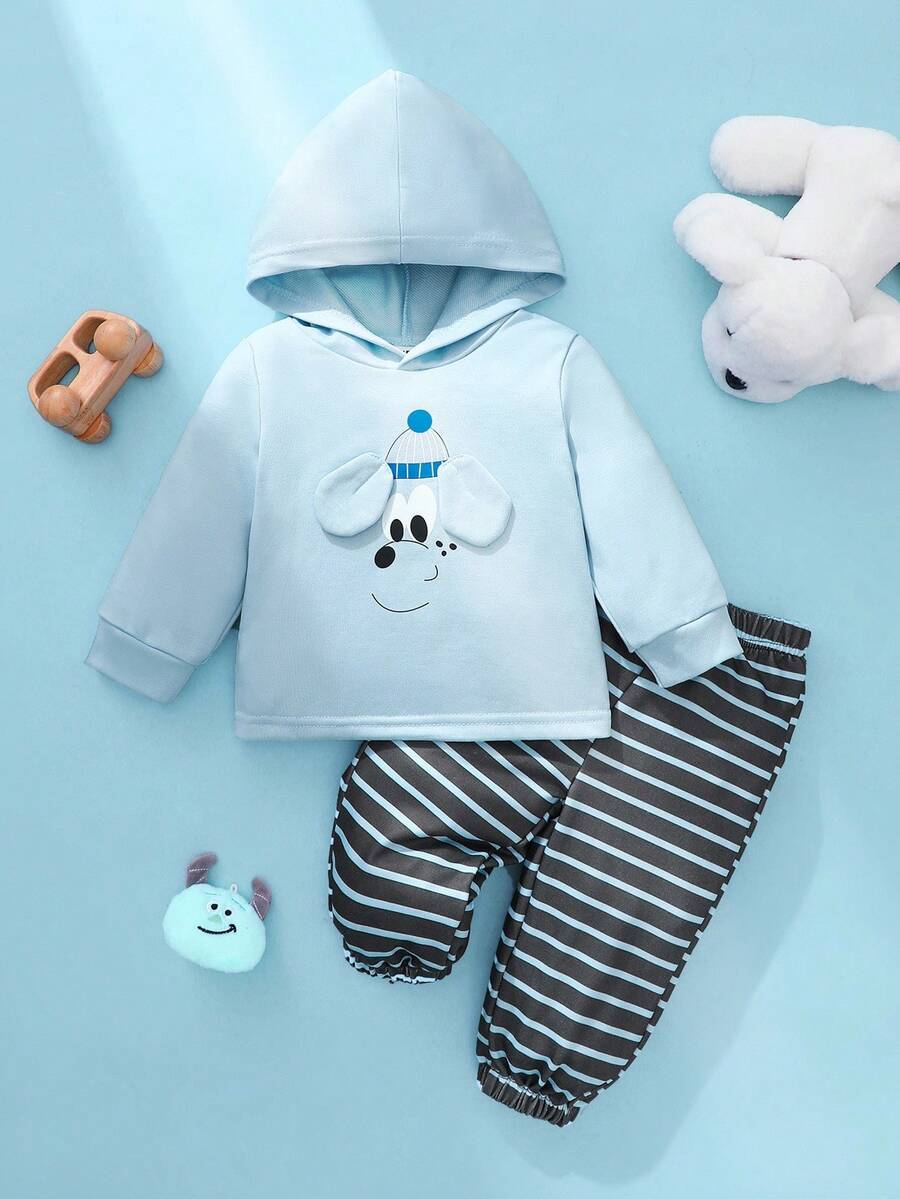 SHEIN 男婴秋季蓝色连帽衫套装,可爱简约线条狗图案 3D 匹配耳朵,条纹裤,日常休闲装 - 藍色 - 查看 1