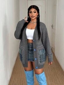 Maweii Áo len cardigan dệt kim chắp vá dáng rộng cổ chữ V tay dài màu xanh nhạt phong cách thường ngày cho nữ, thiết kế thời trang, trang trí nút cài vai trễ, chất liệu denim, tay dài, túi đôi, dáng rộng, cỡ lớn, áo khoác len dệt kim hở phía trước, mùa xuân thu đông - Nhiều màu - Xem 5