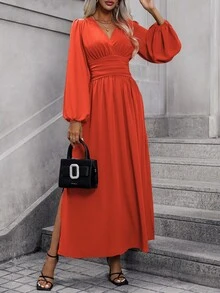EMERY ROSE Lantern Sleeve Ruched Split Thigh Dress Maxi Women Outfit - Orange - View 4