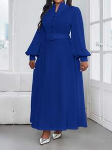 SHEIN Lady 春夏秋冬优雅休闲通勤复古办公室黑色针织立领鱼尾喇叭袖中长款长袖大码连衣裙正装职业装 - 寶藍色 - 查看 6
