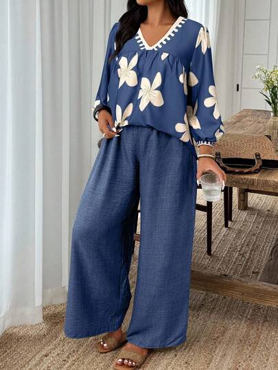 Weeklong Plus Size Floral Print V-Neck Long Sleeve Top And Solid Color Wide Leg Pants 2-Piece Set