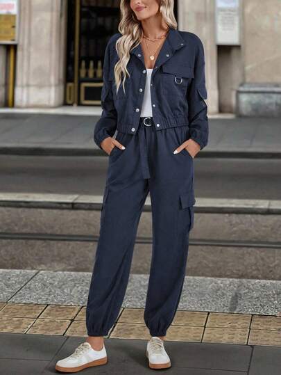 EMERY ROSE 2 peças/Conjunto Jaqueta e Calça Casuais de Botão em Cor Sólida para Mulheres