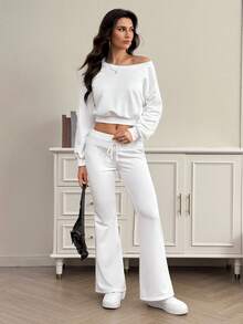 SHEIN Tall 2 Stücke/Set Damen weißer asymmetrischer Ausschnitt Sweatshirt und weite Jogginghose Set