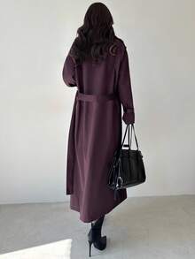 Firerie 女式卡其色翻领仿皮袖收腰双排扣中长款风衣，长袖风衣，春/秋/冬装，通勤，优雅，日常，工作装 - 卡其色 - 查看 2