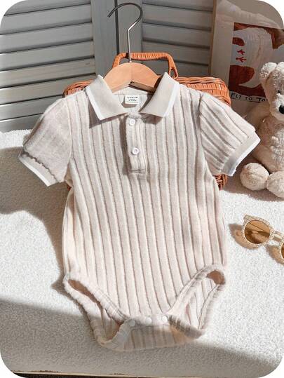 SHEIN Newborn Baby Boys/Girls Soft & Comfy Polo Collar Short Sleeve Bodysuit, Suitable For Indoor, Outdoor, Daily Wear, Sports, Play, Party, Photo Shoot, Vacation, Festivals, Spring/Summer/Autumn/Winter
