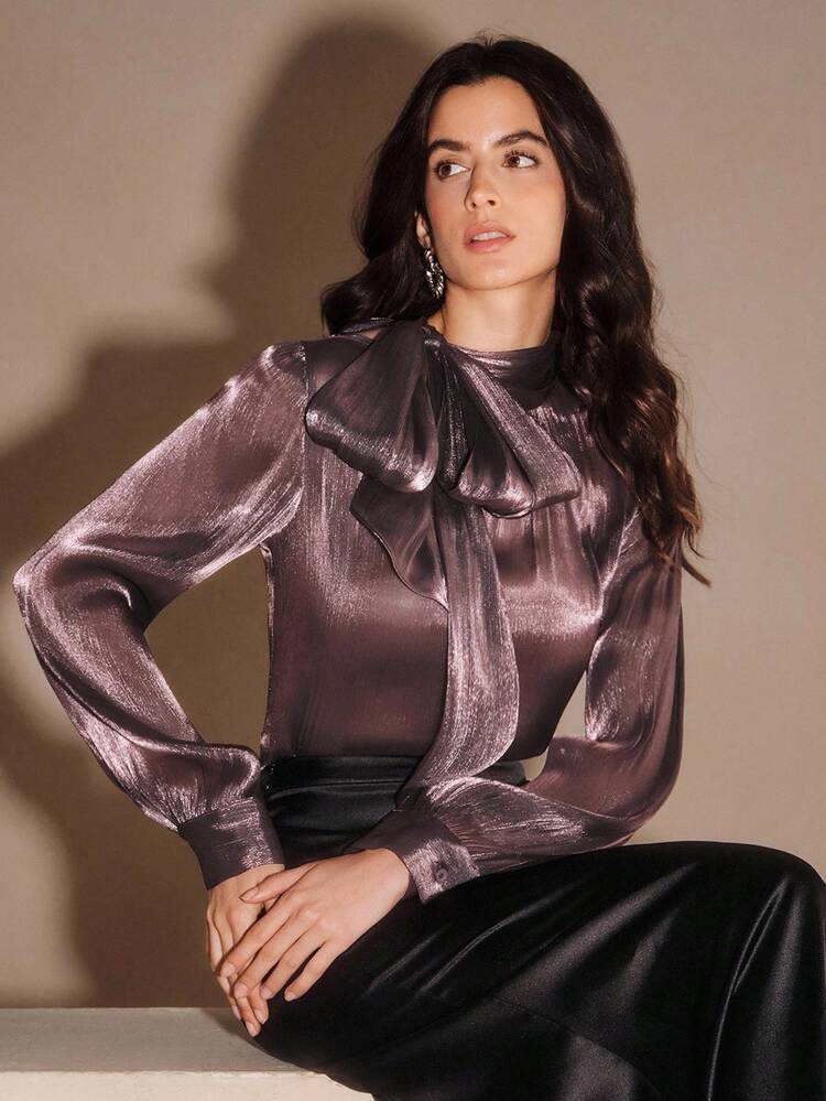 Anewsta Essential Women's High Neck Long Sleeve Tie Cuff Elegant Chic Blouse, Suitable For Autumn, Fall, Winter, Going Out, Formal, Casual, New Year, Christmas, Graduation