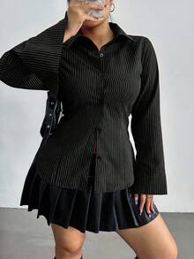 POPSWAY Áo sơ mi dài tay kẻ sọc cỡ lớn - màu đen - Xem 3