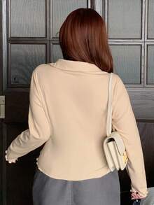 Dazy Plus Plus Size Women's Solid Color Polo Collar Half Placket Long Sleeve Fitted Crop Top T-Shirt