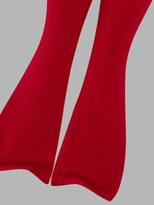 SHEIN ChillGRL 8-12 Years Old Girls 2pcs Set: White Round Neck Long Sleeve T-Shirt With 3D Cute Cherry Decoration, Snug Fit Red Bell-Bottom Pants, Back To School Versatile Comfortable Cute Lively Outfit, Autumn Fall Winter  Christmas - Red - View 6