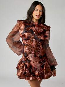 MISSGUIDED Renaissance Mini Dress Statement Shoulder Pads Chiffon Bishop Sleeves Victorian Style Corset Waist Tie Dye Ruffled Party Fashion - Multicolor - View 1