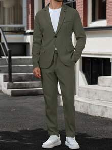 Manfinity Mode Men's Lapel Neck Long Sleeve Blazer And Pants Business Travel Suit Set Men Suits Green Green Blazer Men Olive Green Suit Men Classy Suit,A Great Gift For A Boyfriend Or Husband. - Army Green - View 3