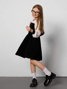 Tween Girl 优雅珍珠装饰拼色长袖圆领 A 字连衣裙，休闲户外、派对、宴会、春秋季 - 黑色 - 查看 6