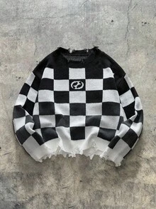 AXEPEAK Pull tricoté décontracté à carreaux colorblocks et délavé pour hommes, automne/hiver - Noir et Blanc - Voir 1