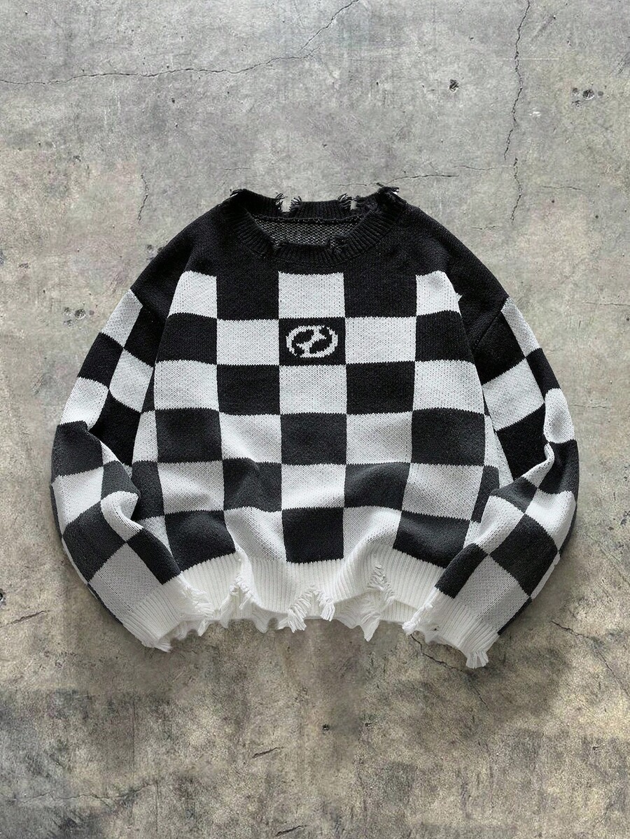 AXEPEAK Pull tricoté décontracté à carreaux colorblocks et délavé pour hommes, automne/hiver - Noir et Blanc - Voir 1