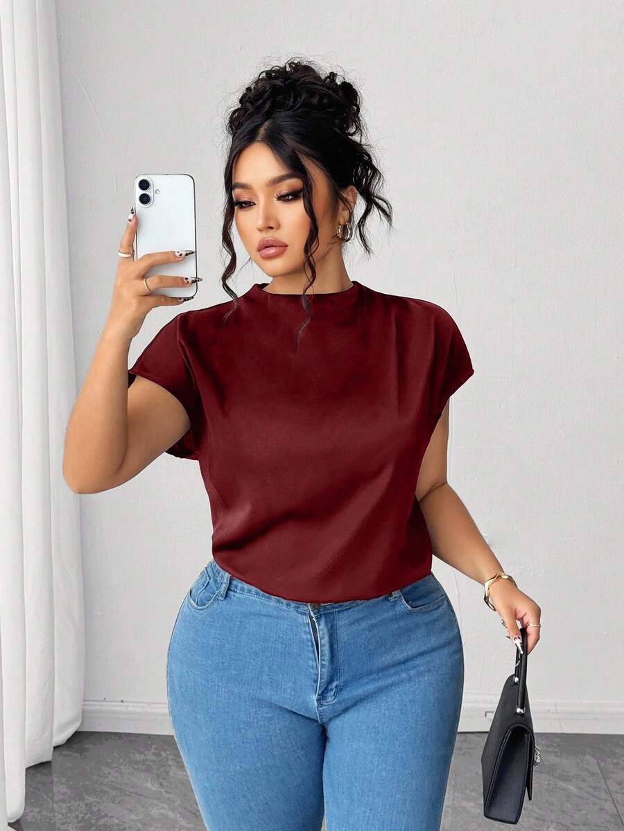 SHEIN LUNE Áo sơ mi vải poplin đen trơn thanh lịch cỡ lớn dành cho nữ, mùa xuân/hè - Màu Đỏ Sâu - Xem 1