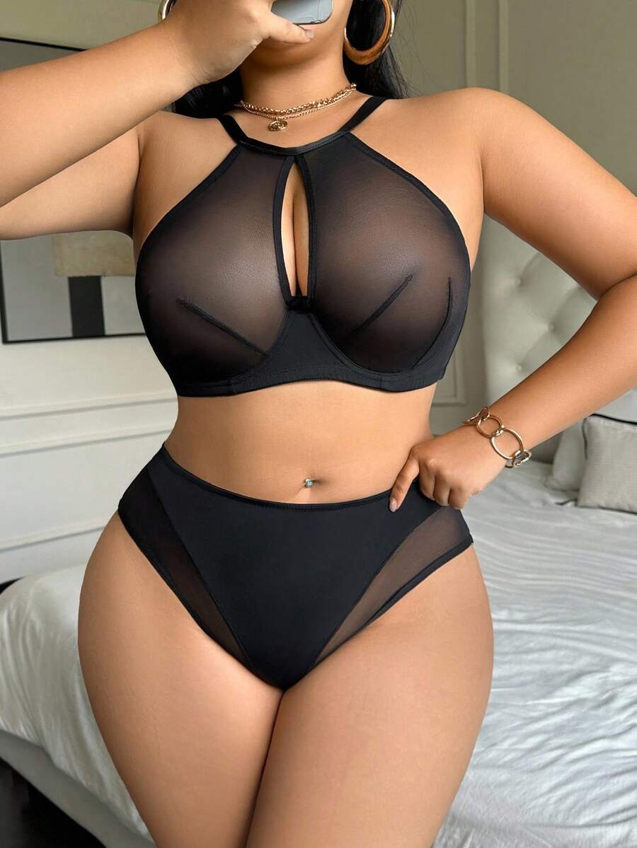SHEIN 2件套女士加大码纯色网眼钢圈文胸套装 - 黑色 - 查看 1
