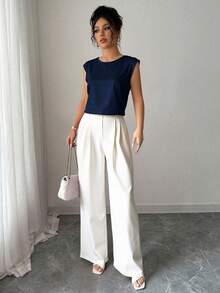 Franclia 女士优雅时尚圆领上衣和褶皱裤两件套