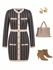 SHEIN Clasi 女式圆领针织弹力修身长袖黑色格子几何图案撞色金属纽扣优雅日常休闲通勤迷你连衣裙，秋冬