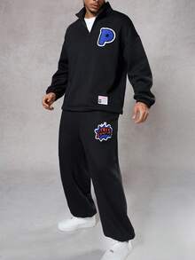 DAZY Men's Graphic Letter Embroidered Thermal Lined Pullover Sweatshirt & Pants Set, Street Style, Autumn/Winter - Black - View 6