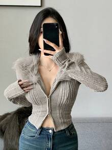 DAZY Women's Plush Collar Patchwork Fitted Short Cardigan, Long Sleeve T-Shirt, Autumn/Winter