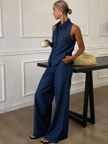 DAZY 无袖翻领修身背心上衣、阔腿裤、腰带西部牛仔女装秋季套装、休闲度假女士牛仔套装 - 藍色 - 查看 3