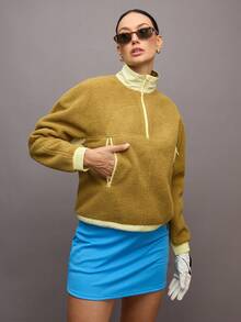 Activina Sweatshirt Wanita Motif Patchwork Warna Kontras dengan Lapisan Termal - Olive Green - View 7