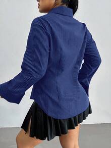 POPSWAY Camisa de manga larga a rayas con ajuste para tallas grandes - Azul - Ver 2