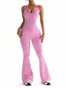 Slayform 1pc Women's Pink Leopard Print Twisted Back Deep V Flare Jumpsuit,Summer Sexsy Gym Yoga Flared Leggings Jumpsuit,Cheetah Print Workout Jumpsuit - Hot Pink - View 5