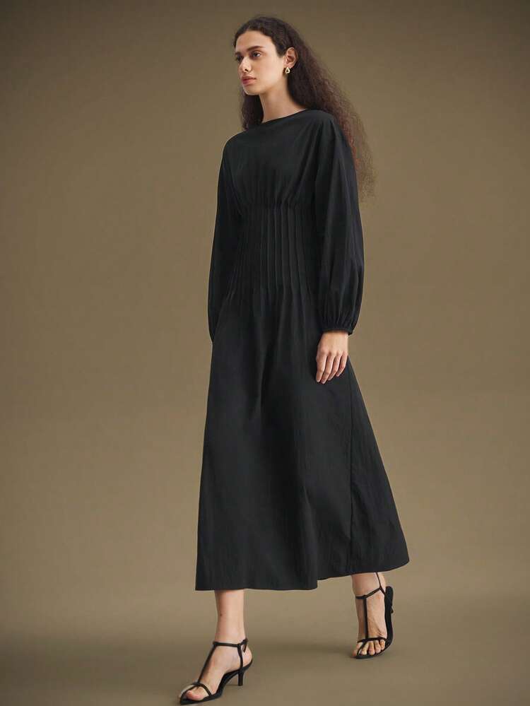 Women's Black Autumn Elegant Everyday Maxi Dress,Long Sleeve Round Neck Waist-Cinched Pencil Stripe Party Dress,Vintage Office Commute Urban Chic