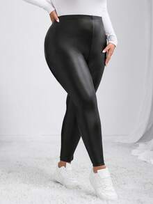 SHEIN CURVE+ Quần legging trơn màu thường ngày cỡ lớn cho nữ/Mùa thu/Mùa đông - màu đen - Xem 5