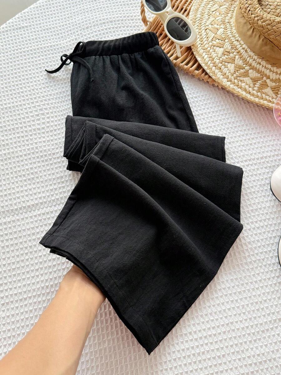 SHEIN Tween Girls' Casual Comfortable Mid-Rise Straight Leg Pants, Versatile Fall Winter - Black - View 1