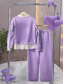 Sparklyn Girls Purple Round Neck Ribbed Cuff & Hem Design White Woven Fabric 2 In 1 Bowknot Collar Elastic Waist Wide Leg Pants 2 Pieces Set, Autumn/Winter Fall - Purple - View 2