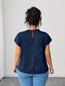 SHEIN LUNE Plus Size Women's Elegant Black Poplin Solid Color Shirt, Spring/Summer - Navy Blue - View 2