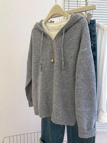 SHEIN Franclia 女士休闲宽松连帽长袖基本款灰色针织套头衫，秋冬款 - 灰色 - 查看 3